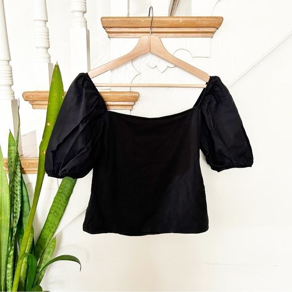 H&M Black Puff Sleeve Square Neck Top Stretchy Cotton Blend Size M Medium - Picture 2 of 4